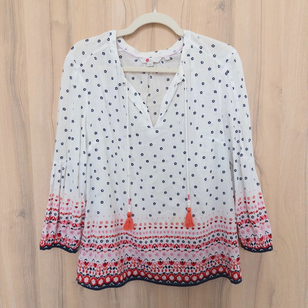Boden‎ Womens Floral Blouse Size 8 White Multicolor Tassel V Neck Boho Cottage